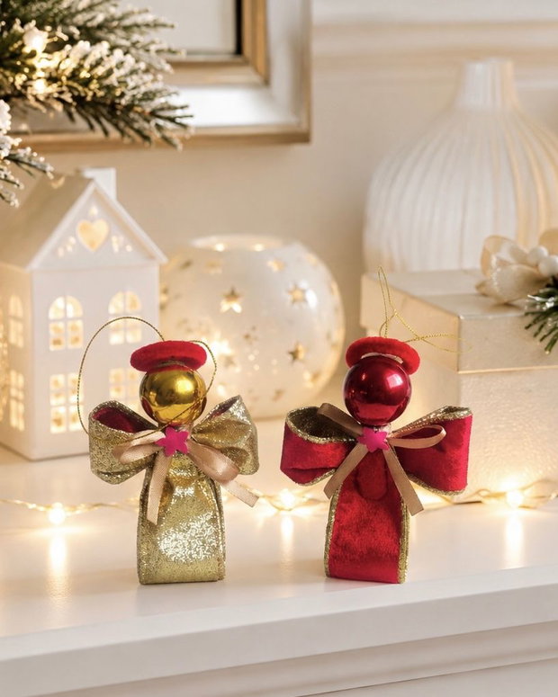Set 3 Îngerași de Crăciun Handmade Lux - Ornament Brad 11cm din Panglică de Catifea Roșie și Aurie | Cadou Sărbători