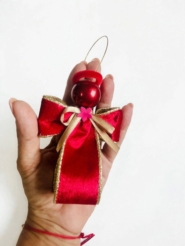 Set 3 Îngerași de Crăciun Handmade Lux - Ornament Brad 11cm din Panglică de Catifea Roșie și Aurie | Cadou Sărbători