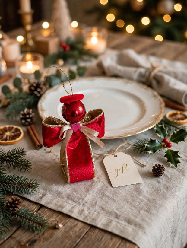Set 3 Îngerași de Crăciun Handmade Lux - Ornament Brad 11cm din Panglică de Catifea Roșie și Aurie | Cadou Sărbători