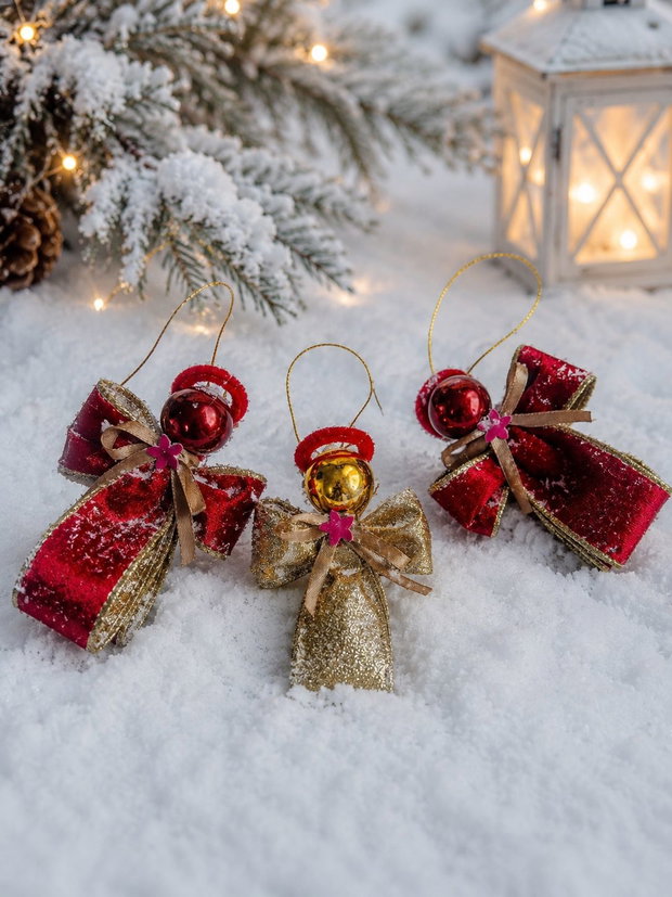 Set 3 Îngerași de Crăciun Handmade Lux - Ornament Brad 11cm din Panglică de Catifea Roșie și Aurie | Cadou Sărbători