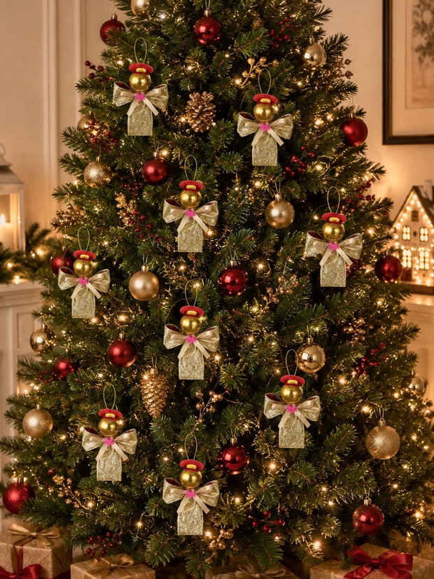 Set 3 Îngerași de Crăciun Handmade Lux - Ornament Brad 11cm din Panglică de Catifea Roșie și Aurie | Cadou Sărbători