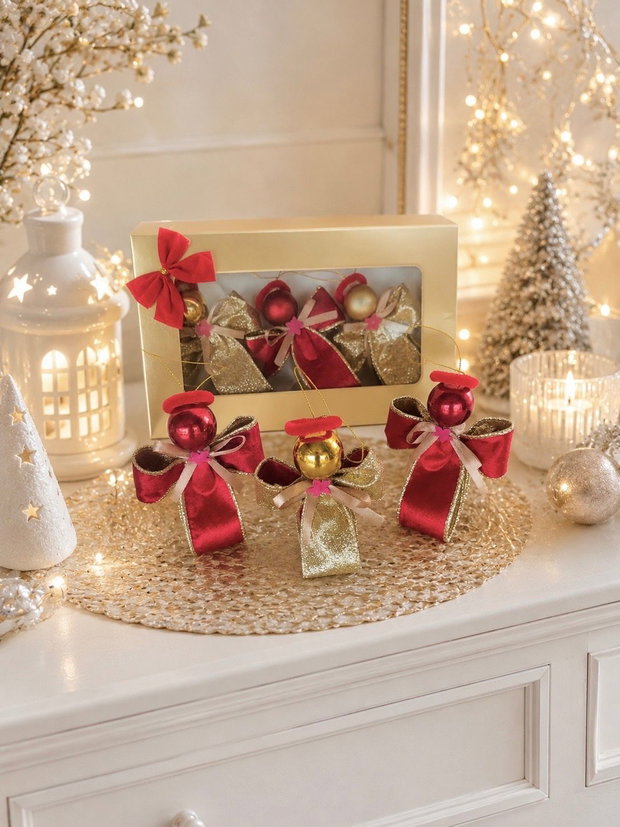 Set 3 Îngerași de Crăciun Handmade Lux - Ornament Brad 11cm din Panglică de Catifea Roșie și Aurie | Cadou Sărbători
