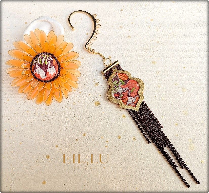 Cercei Gerbera 2 în 1 handmade, cercei statement cu sistem cuff și strasuri detașabile