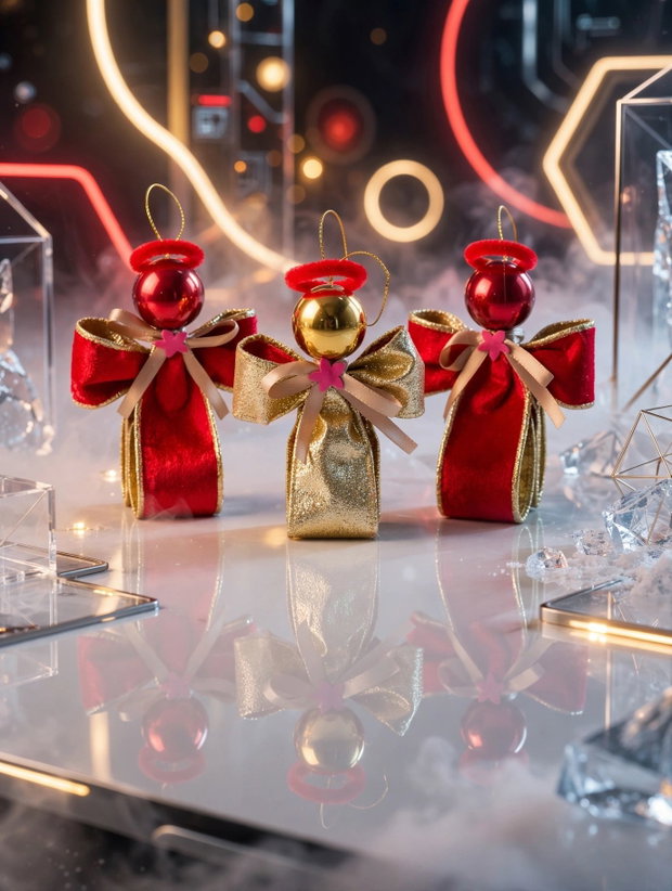 Set 3 Îngerași de Crăciun Handmade Lux - Ornament Brad 11cm din Panglică de Catifea Roșie și Aurie | Cadou Sărbători