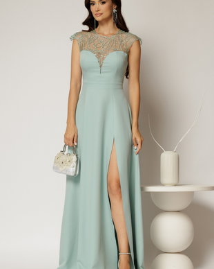 Rochie DY Fashion lunga verde mint de seara cu aplicatii la bust