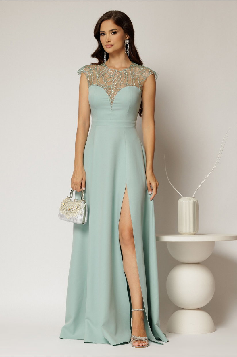 Rochie DY Fashion lunga verde mint de seara cu aplicatii la bust