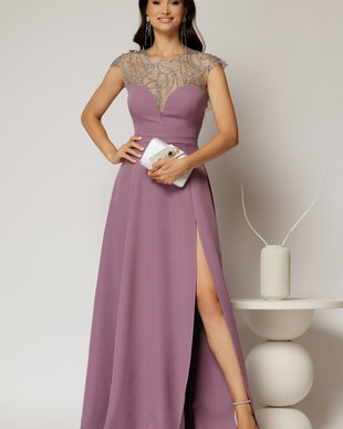 Rochie DY Fashion lunga lila de seara cu aplicatii la bust