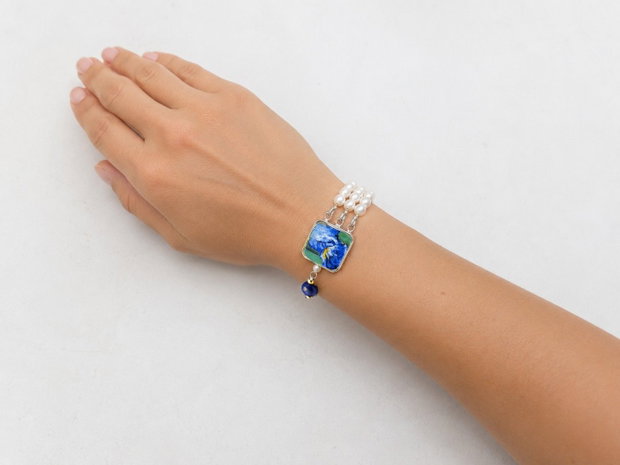 Bratara "Van Gogh-Iris albastru" din argint, perle de cultura, Lapis Lazuli si fragment de portelan