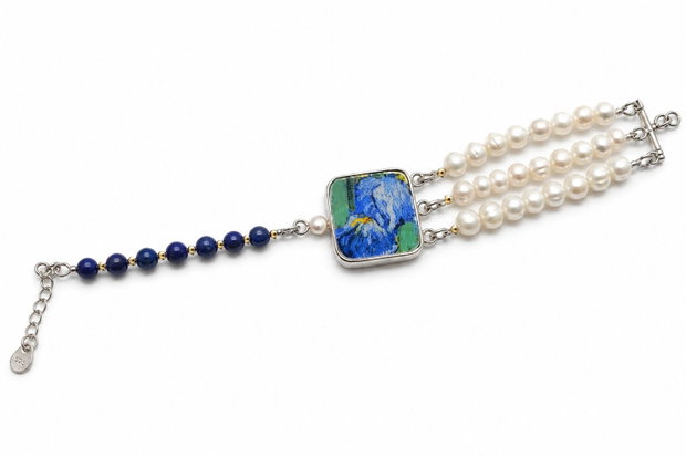 Bratara "Van Gogh-Iris albastru" din argint, perle de cultura, Lapis Lazuli si fragment de portelan