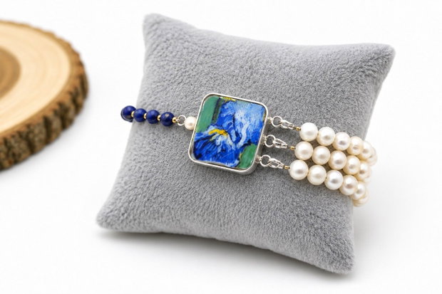 Bratara "Van Gogh-Iris albastru" din argint, perle de cultura, Lapis Lazuli si fragment de portelan