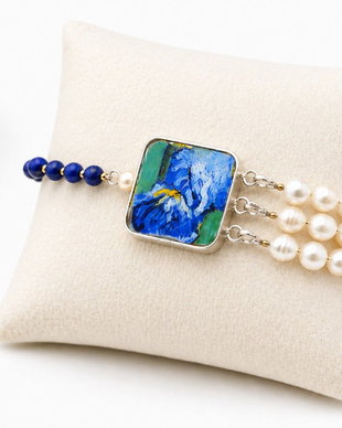 Bratara "Van Gogh-Iris albastru" din argint, perle de cultura, Lapis Lazuli si fragment de portelan