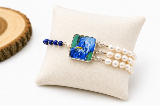 Bratara "Van Gogh-Iris albastru" din argint, perle de cultura, Lapis Lazuli si fragment de portelan