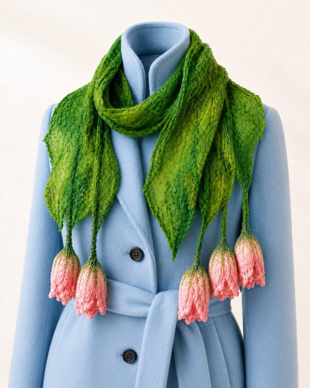 Eșarfă verde din lână merinos, cu lalele roz nunofelting handmade