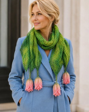 Eșarfă verde din lână merinos, cu lalele roz  nunofelting handmade
