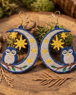 Cercei FSL Luna & Bufniță  broderie fină, cadou special