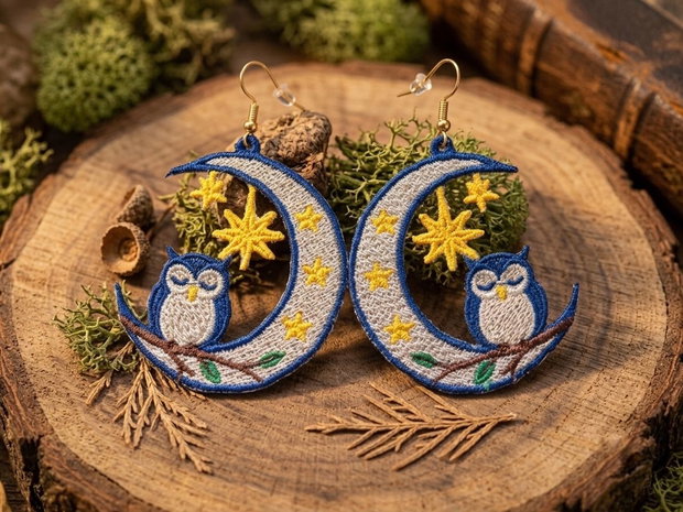 Cercei FSL Luna & Bufniță  broderie fină, cadou special