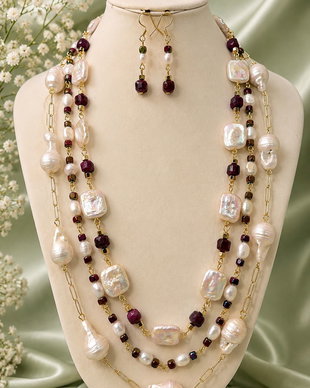 SET~LUXURIOUS BAROQUE~perle baroc,perle cultura,jad,hematit electroplacat,accesorii placate cu aur,inox