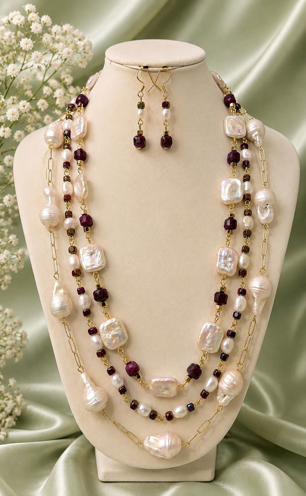 SET~LUXURIOUS BAROQUE~perle baroc,perle cultura,jad,hematit electroplacat,accesorii placate cu aur,inox