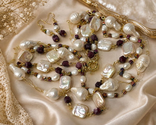 SET~LUXURIOUS BAROQUE~perle baroc,perle cultura,jad,hematit electroplacat,accesorii placate cu aur,inox