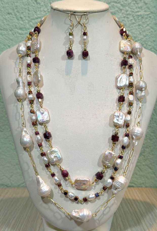 SET~LUXURIOUS BAROQUE~perle baroc,perle cultura,jad,hematit electroplacat,accesorii placate cu aur,inox