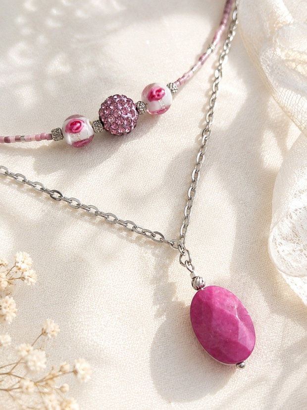 Colier inox si jad Pink Elegance