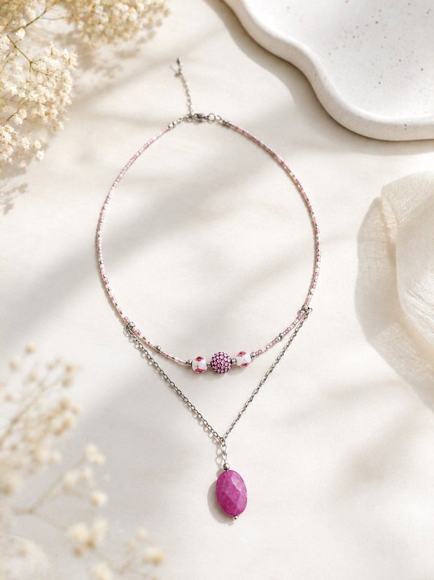 Colier inox si jad Pink Elegance