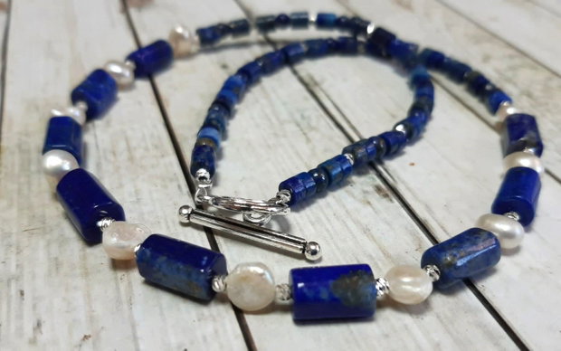 Colier statement din Lapis Lazuli, Perle de cultură și Argint antic