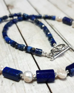 Colier statement din Lapis Lazuli, Perle de cultură și Argint antic
