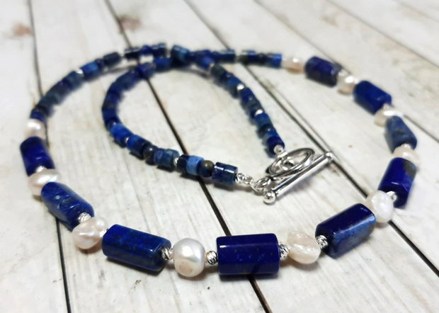 Colier statement din Lapis Lazuli, Perle de cultură și Argint antic