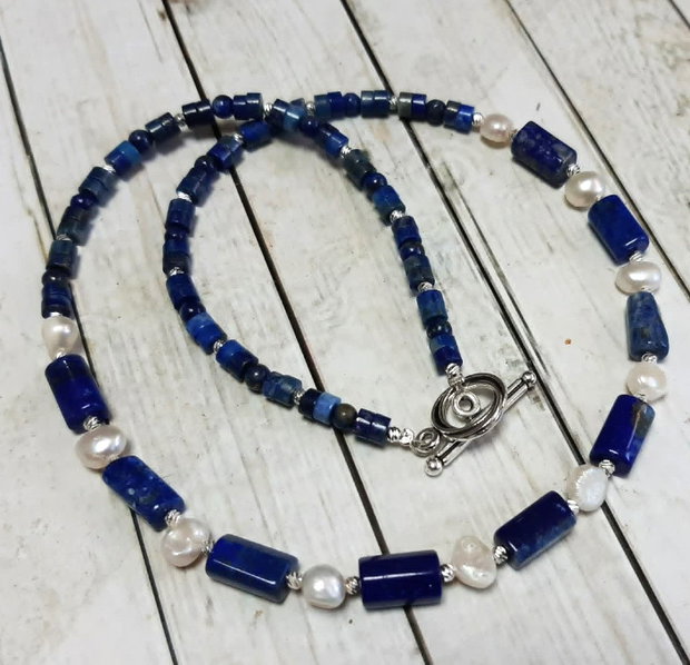 Colier statement din Lapis Lazuli, Perle de cultură și Argint antic