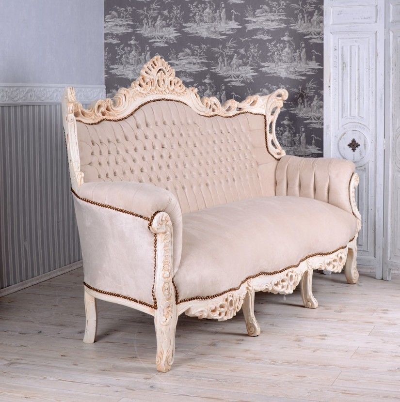 Sofa baroc din lemn masiv alb cu tapiterie crem  Sofa baroc din lemn masiv alb cu tapiterie crem