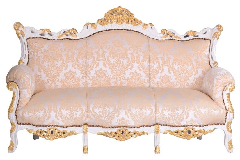 Sofa baroc din lemn masiv alb cu tapiterie crem