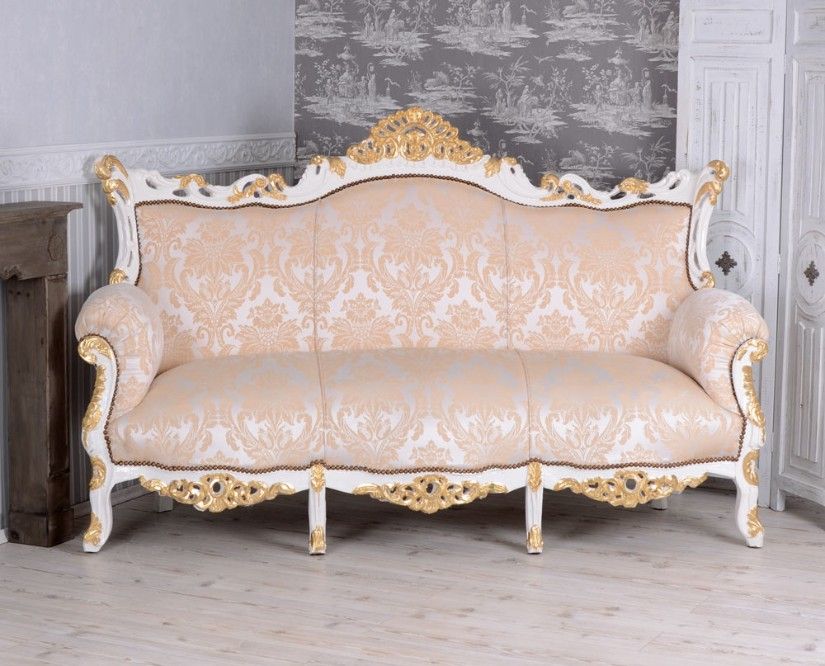 Sofa baroc din lemn masiv alb cu tapiterie crem
