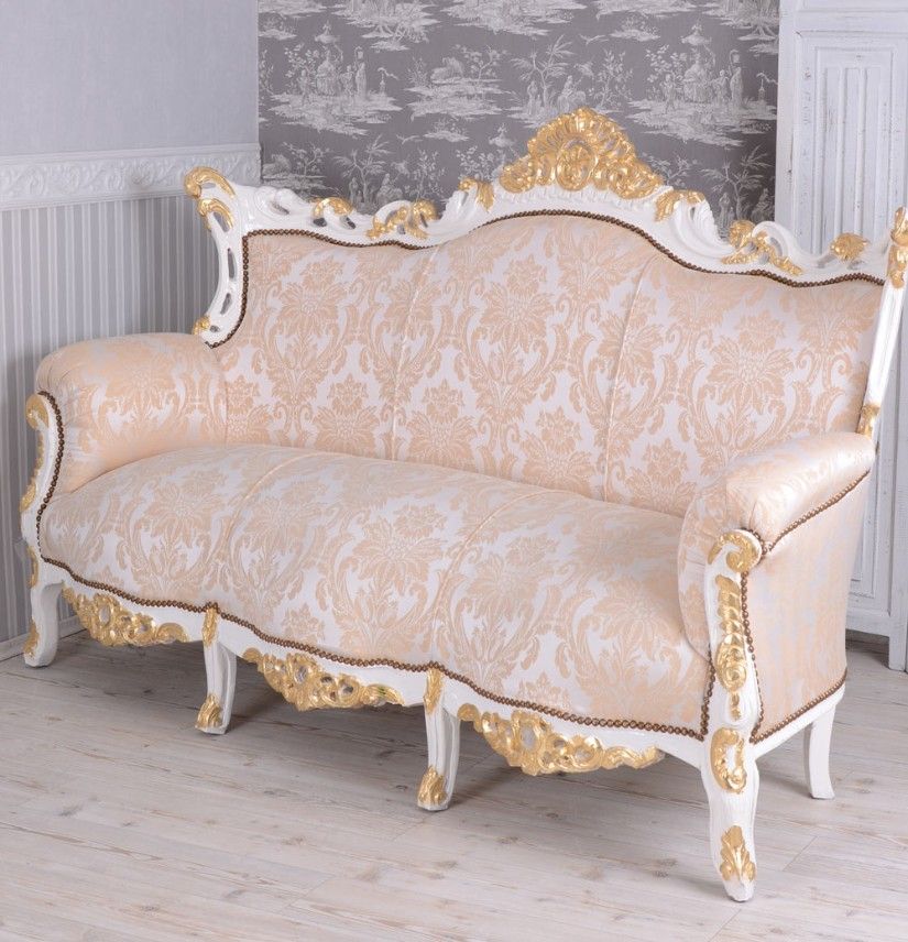 Sofa baroc din lemn masiv alb cu tapiterie crem