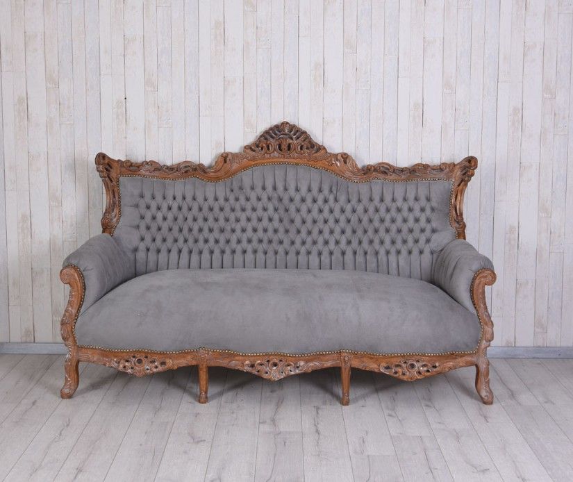 Sofa baroc din lemn mahon cu tapiterie gri