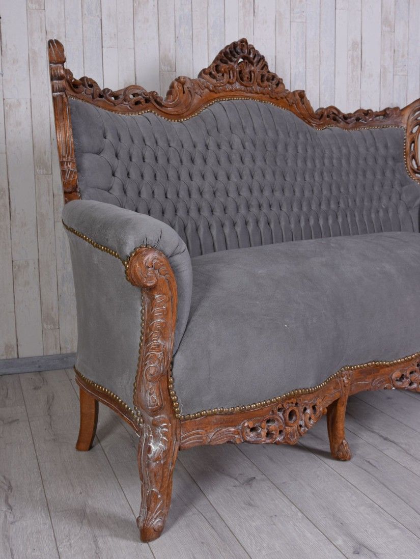 Sofa baroc din lemn mahon cu tapiterie gri