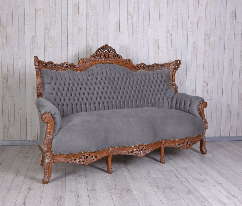 Sofa baroc din lemn mahon cu tapiterie gri