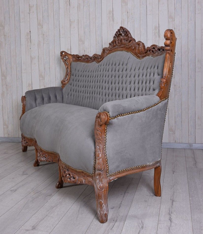 Sofa baroc din lemn mahon cu tapiterie gri
