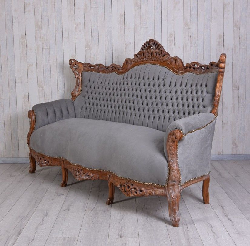 Sofa baroc din lemn mahon cu tapiterie gri