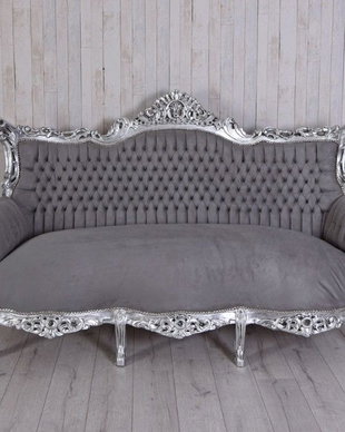 Sofa baroc din lemn masiv argintiu cu tapiterie gri