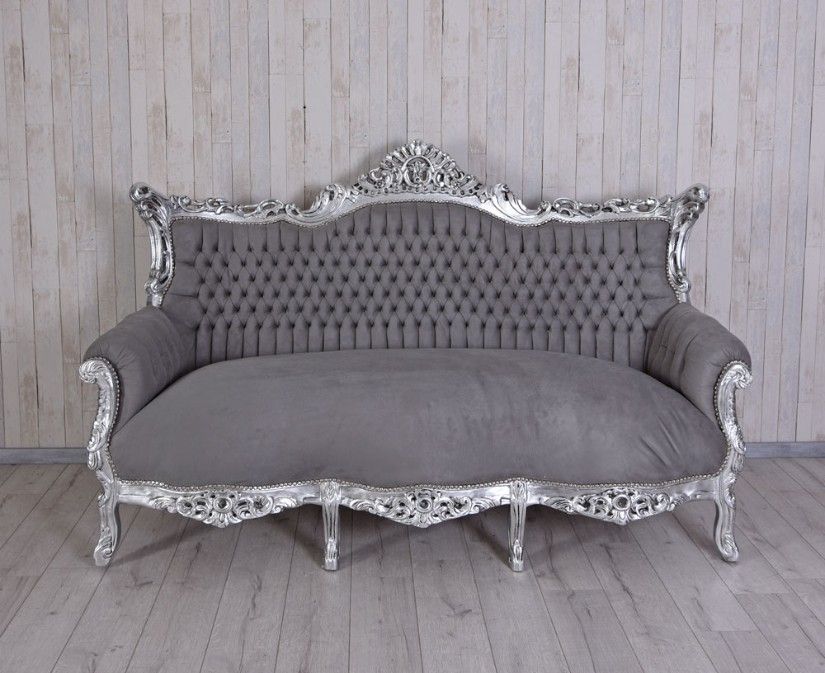 Sofa baroc din lemn masiv argintiu cu tapiterie gri