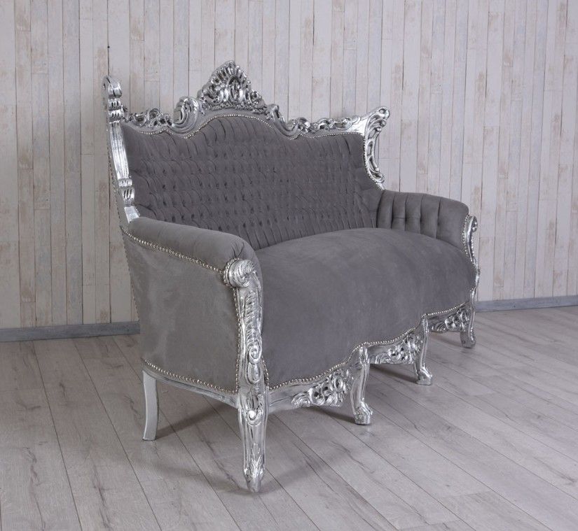 Sofa baroc din lemn masiv argintiu cu tapiterie gri