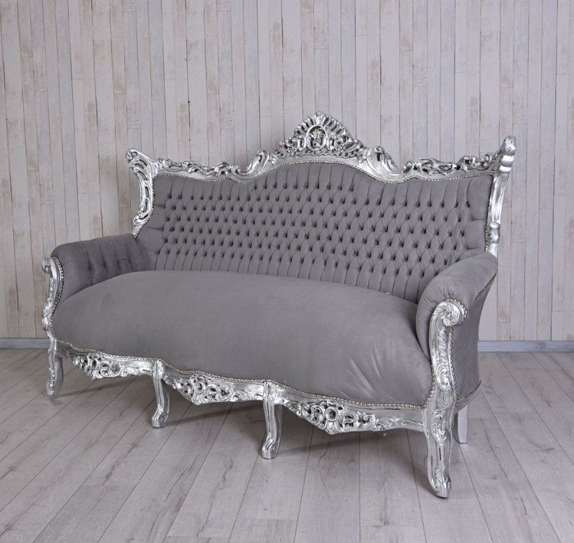 Sofa baroc din lemn masiv argintiu cu tapiterie gri