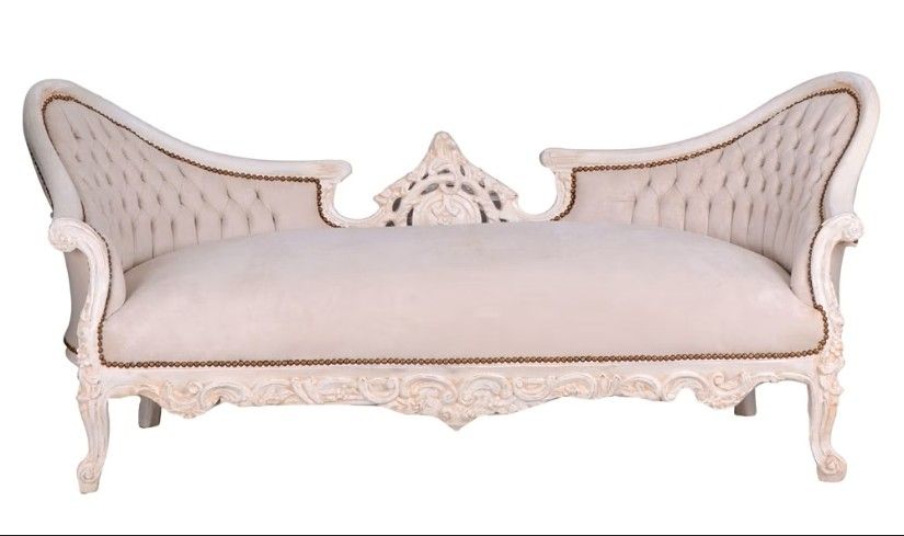 Sofa rococo din lemn masiv alb cu tapiterie crem