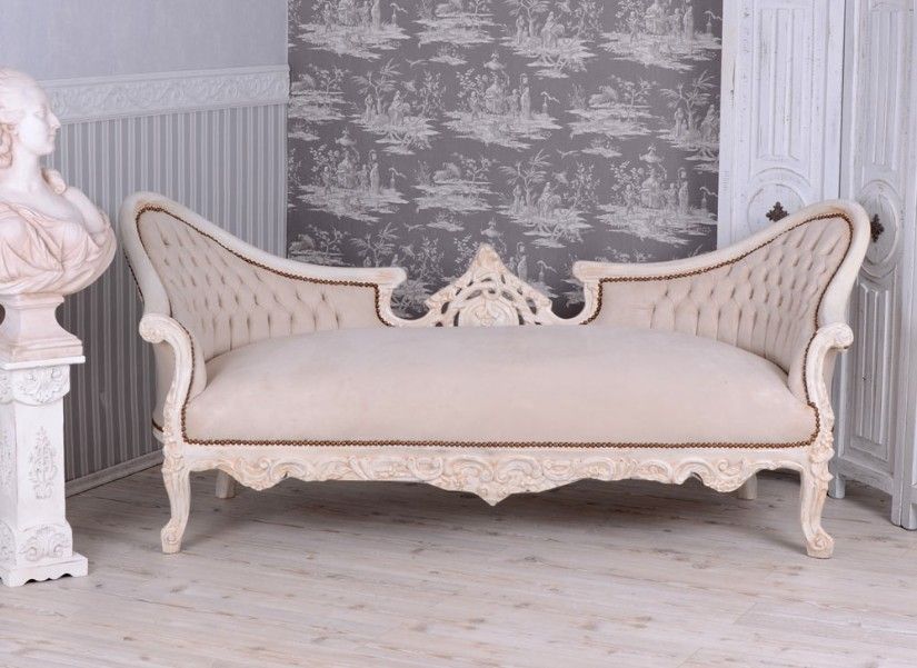 Sofa rococo din lemn masiv alb cu tapiterie crem