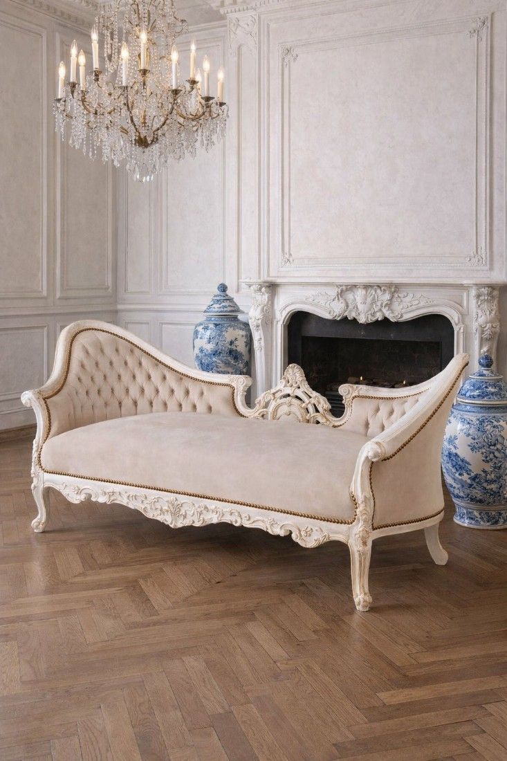 Sofa rococo din lemn masiv alb cu tapiterie crem