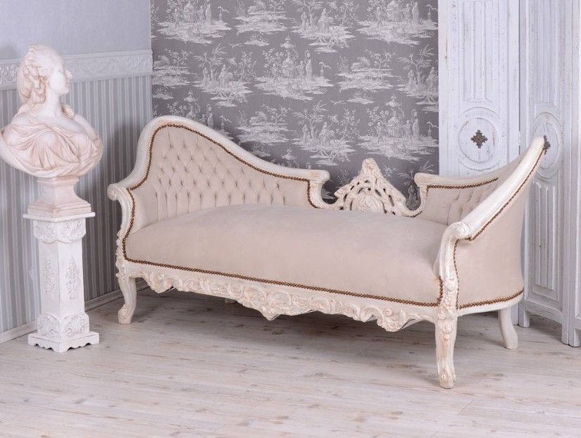 Sofa rococo din lemn masiv alb cu tapiterie crem