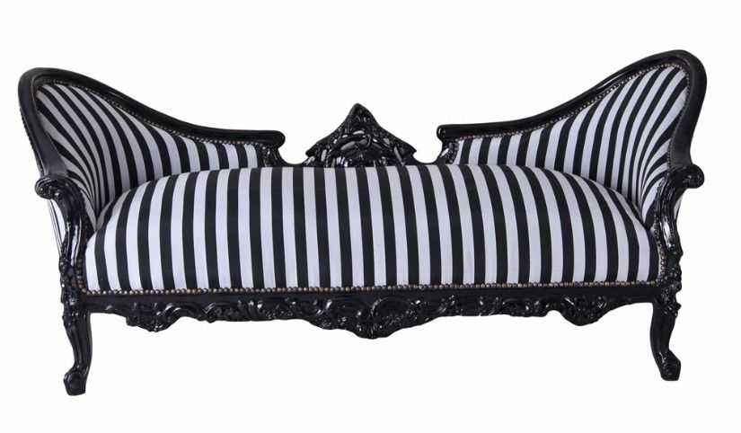 Sofa rococo din lemn masiv negru cu tapiterie in dungi