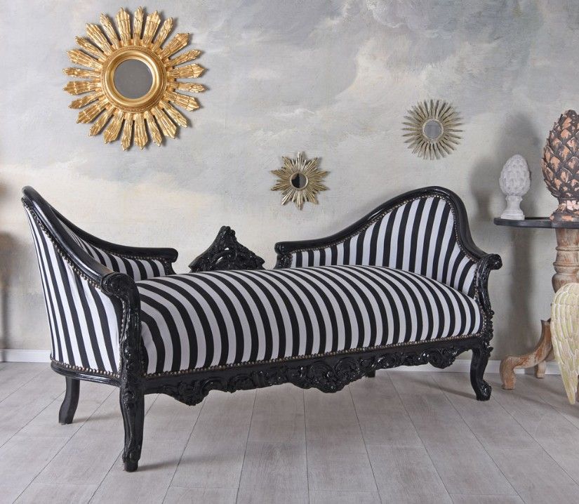 Sofa rococo din lemn masiv negru cu tapiterie in dungi
