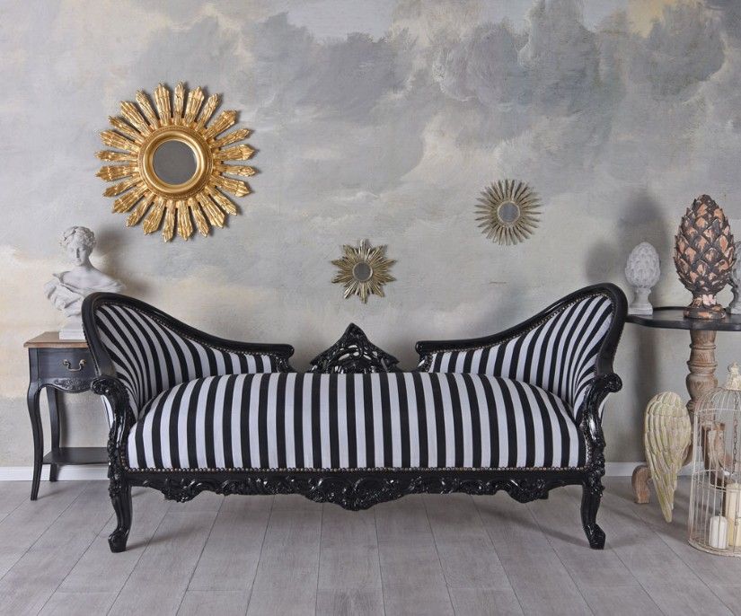 Sofa rococo din lemn masiv negru cu tapiterie in dungi